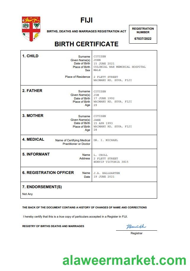 Fiji birth certificate Word and PDF template